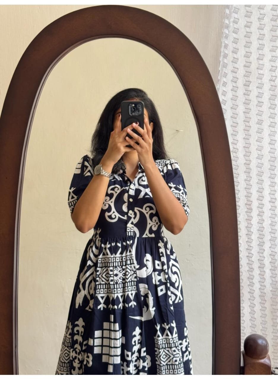 Navy Blue Printed Cotton Midi Gown Dress